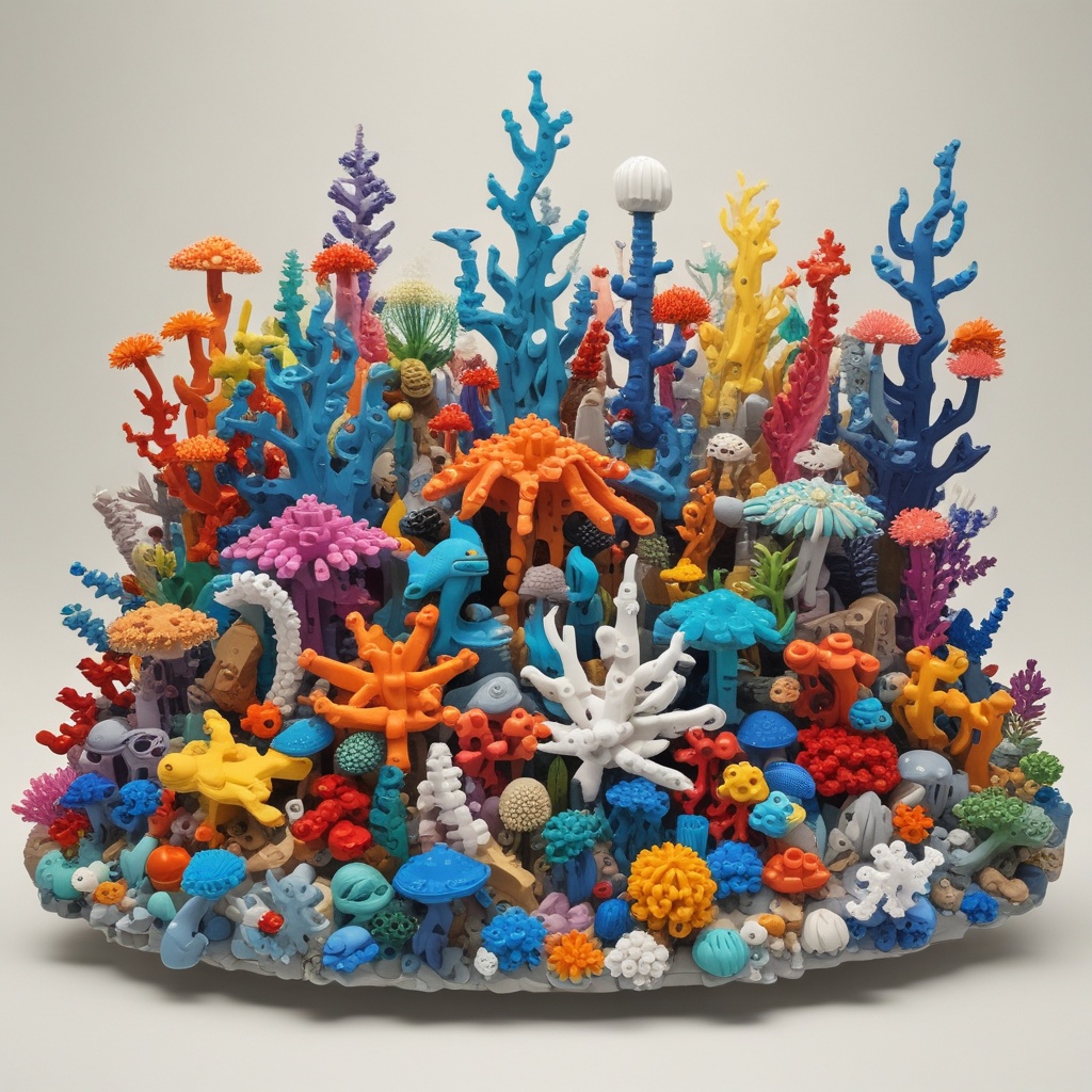 Assorted LEGO marine fauna next to coral formations